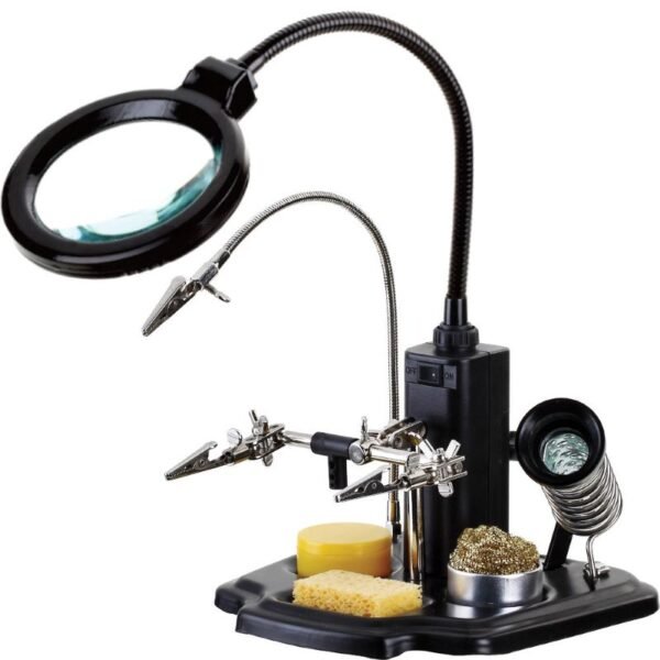 Helping hand, soldering iron holder, magnifier, LED light