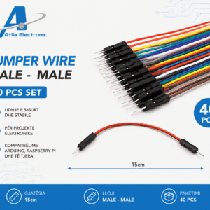 Set Jumper Wire Male-Male 15cm me 40 copë për Arduino, breadboard, ESP32 dhe projekte elektronike DIY. Lidhje stabile dhe fleksibël për prototipizim dhe robotikë.