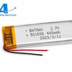 3.7V 400mAh lithium polymer rechargeable battery with compact design and wire leads, ideal for ESP32, IoT devices, robotics, GPS trackers, smart home systems and portable electronic projects from Atila Electronic.