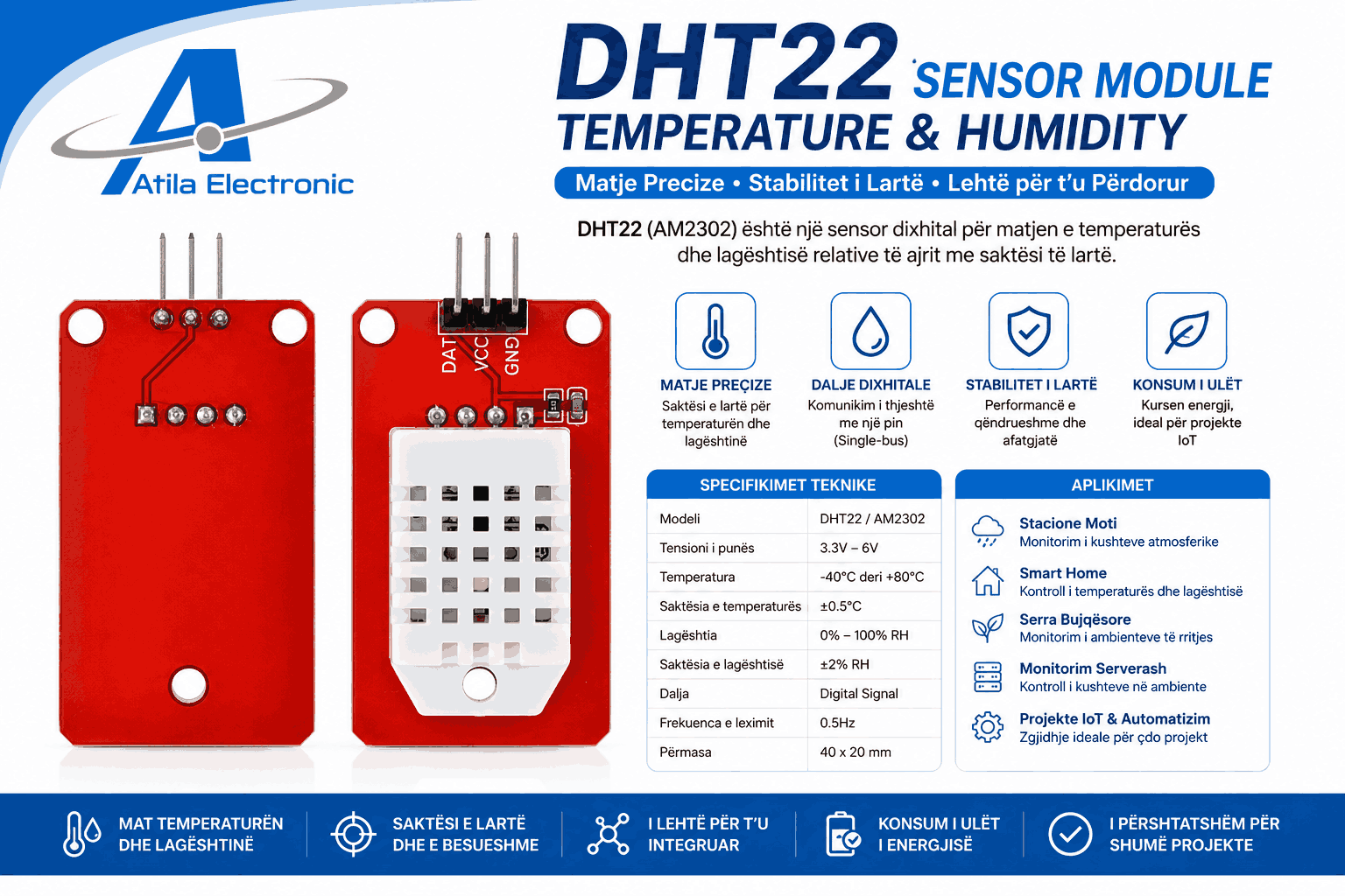 DHT22 digital temperature and humidity sensor module with high accuracy for environmental monitoring, weather stations, smart home automation and IoT projects from Atila Electronic.
