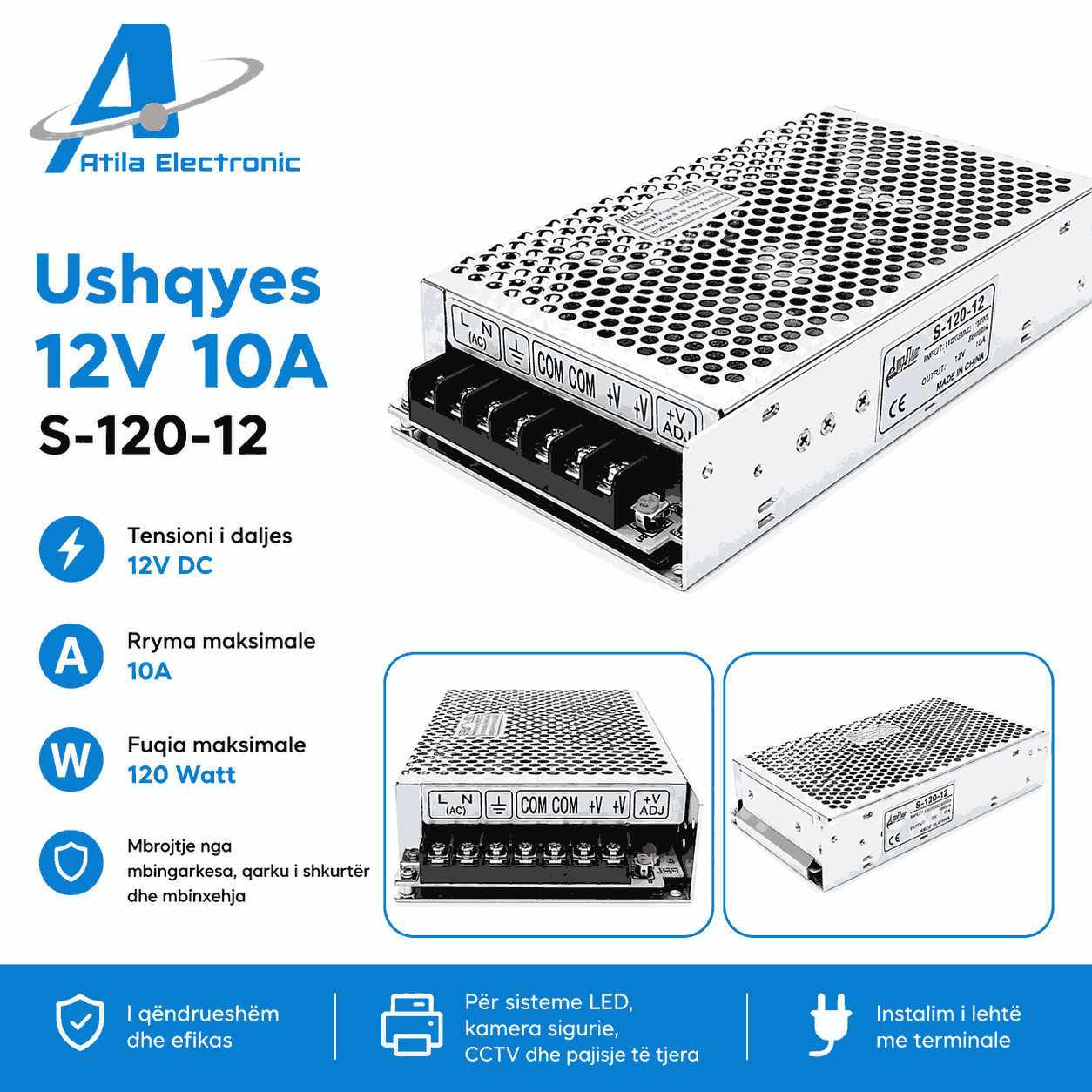 Ushqyes 12V 10A 120W S-120-12 switching power supply me kasë metalike dhe terminale lidhjeje