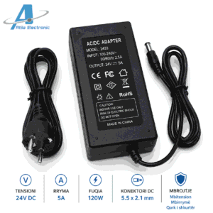 Ushqyes 24V 5A 120W me kabllo energjie dhe dalje DC për LED dhe pajisje elektronike 24V
