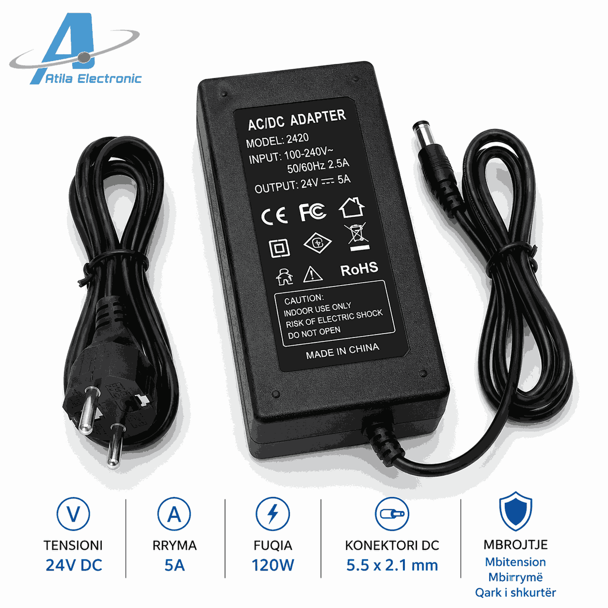 Ushqyes 24V 5A 120W me kabllo energjie dhe dalje DC për LED dhe pajisje elektronike 24V