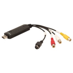 EasyCAP video grabber USB me hyrje RCA të verdhë për video, të kuqe dhe të bardhë për audio dhe konektor S-Video