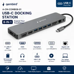 Gembird A-CM-COMBO8-01 USB-C Docking Station 8-in-1 me HDMI DisplayPort VGA LAN dhe PD 60W