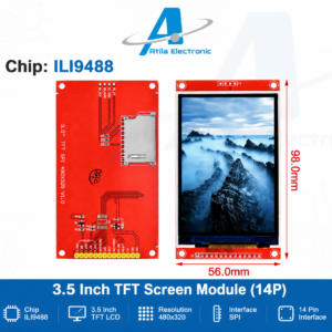 3.5 Inch TFT LCD Display me chip ILI9488 dhe komunikim SPI 14PIN, kompatibël me Arduino dhe ESP32. Ideal për projekte robotike, IoT dhe aplikime DIY me ekran grafik 480x320