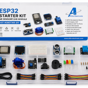 ESP32 Starter Kit në kuti plastike organizuese me sensorë, OLED display, relay, servo motor, breadboard dhe module elektronike për projekte robotike, IoT dhe Smart Home nga Atila Electronic.