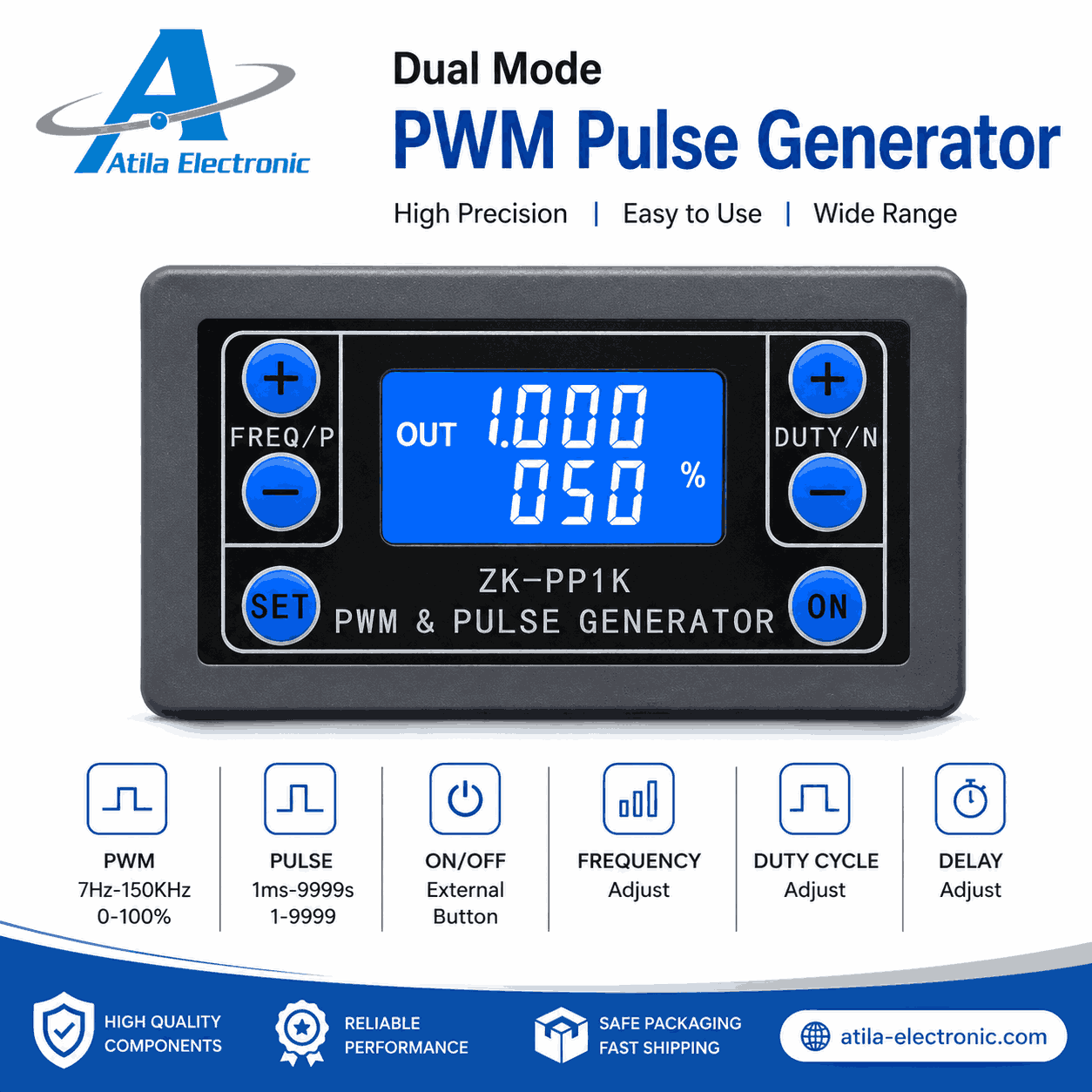 Signal Pulse Generator PWM Dual Mode ZK-PP1K me frekuencë dhe duty cycle të rregullueshme. Ideal për testime elektronike, PWM control, Arduino dhe projekte DIY.