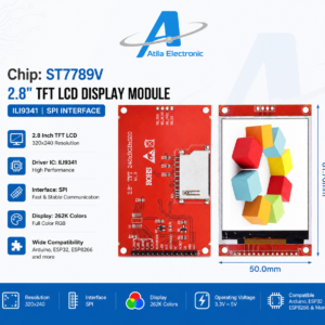 2.8 Inch TFT LCD Display Module me chip ST7789V / ILI9341 dhe komunikim SPI, kompatibël me Arduino dhe ESP32. Ideal për projekte robotike, IoT dhe aplikime DIY me ekran grafik 320x240 dhe ngjyra RGB
