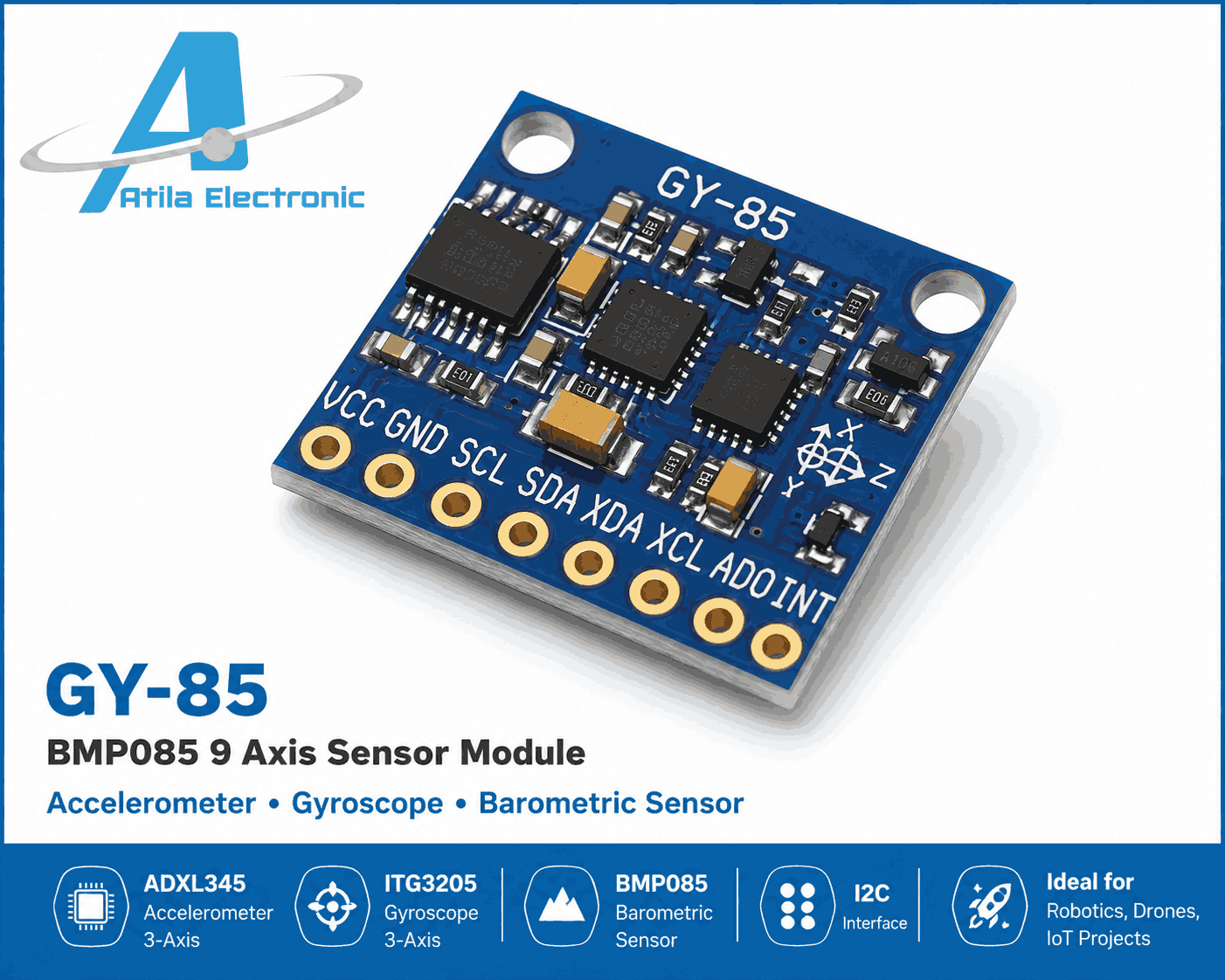 GY-85 IMU Sensor Module me ADXL345 accelerometer, ITG3205 gyroscope dhe BMP085 barometric sensor. Ideal për drone, robotikë, ESP32, navigim dhe matje orientimi.
