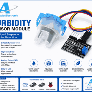 Turbidity Sensor Module për matjen e turbullirës dhe cilësisë së ujit. Ideal për akuariume, sisteme filtrimi, ESP32, IoT dhe monitorim mjedisor.