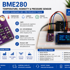 BME280 sensor i integruar në projekt Arduino për monitorim të temperaturës, lagështisë dhe presionit në kohë reale.