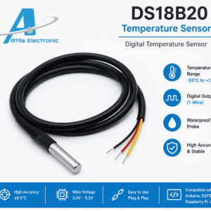 DS18B20 Temperature Sensor me sondë waterproof dhe dalje digitale për matje precize temperature. Ideal për projekte IoT, Smart Home, automatizim dhe sisteme monitorimi temperature.