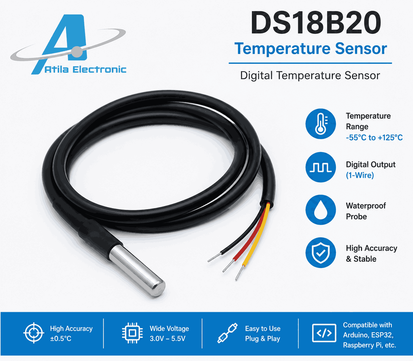 DS18B20 Temperature Sensor me sondë waterproof dhe dalje digitale për matje precize temperature. Ideal për projekte IoT, Smart Home, automatizim dhe sisteme monitorimi temperature.