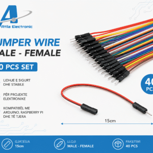 Set Jumper Wire Male-Female 15cm me 40 copë ideal për lidhjen e sensorëve, moduleve dhe pllakave Arduino në projekte elektronike dhe IoT.