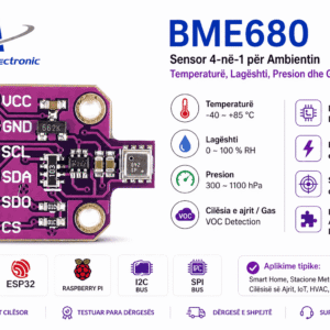 BME680 është sensor 4-në-1 për temperaturë, lagështi, presion dhe cilësi ajri (VOC), ideal për Arduino, ESP32, smart home dhe projekte IoT.