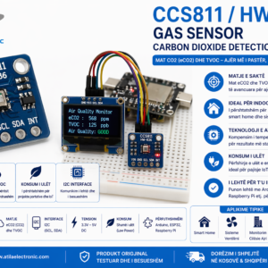 Kjo foto paraqet një projekt praktik me sensor CCS811 për matjen e cilësisë së ajrit, duke monitoruar nivelet e eCO2 dhe TVOC në kohë reale. Sensori është i integruar me një mikrokontrollues dhe një display për shfaqjen e të dhënave, duke e bërë ideal për projekte smart home, sisteme ventilimi dhe aplikime IoT.