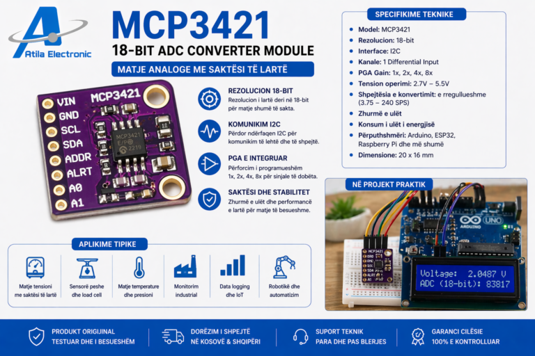 MCP3421 18-Bit ADC Converter Module I2C për Arduino, ESP32 dhe Projekte Precize
