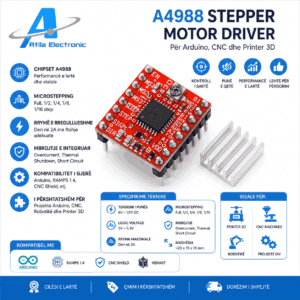 A4988 Stepper Motor Driver me heatsink për kontrollin e motorëve stepper në projekte Arduino, CNC dhe printer 3D. Modul kompakt me microstepping, mbrojtje termike dhe kompatibilitet me RAMPS 1.4 dhe NEMA17.