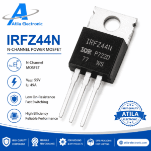 IRFZ44N N-Channel Power MOSFET për switching dhe kontroll të ngarkesave DC në projekte elektronike, Arduino dhe ESP32. Ideal për PWM, LED, motorë DC dhe aplikime DIY