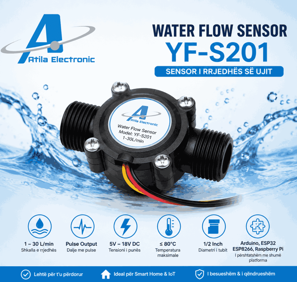Water Flow Sensor YF-S201 për Arduino dhe ESP32