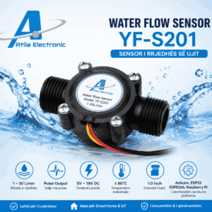 Water Flow Sensor YF-S201 për matjen e rrjedhës së ujit në projekte me Arduino, ESP32 dhe ESP8266. Ideal për smart home, automatizim dhe sisteme IoT.