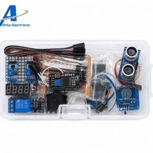 Mini Starter Kit me sensorë, module dhe aksesorë bazikë për Arduino dhe projekte elektronike DIY. Përfshin ultrasonic sensor, relay module, servo motor, display module dhe komponentë të tjerë për robotikë, automatizim dhe edukim elektronik.
