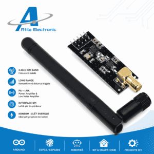 NRF24L01 + PA + LNA wireless module me antenë të jashtme për komunikim wireless në distanca të gjata. Ideal për Arduino, ESP32, IoT, robotikë dhe projekte DIY nga Atila Electronic.