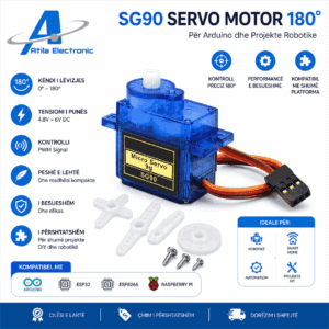 SG90 Servo Motor 180° për Arduino, ESP32 dhe projekte robotike me kontroll preciz PWM. Ideal për automatizim, smart home, robot arm dhe projekte DIY elektronike.