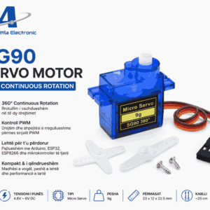 SG90 Servo Motor 360° me rrotullim të vazhdueshëm për Arduino, ESP32 dhe projekte robotike. Ideal për smart car, automatizim, mekanizma lëvizës dhe projekte DIY elektronike.