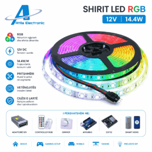 Shirit LED RGB 12V 14.4W me ndriçim shumëngjyrësh dhe dizajn modern për dekor, gaming setup dhe smart home. I përshtatshëm për projekte DIY, tavane, mobilie dhe automatizim ndriçimi