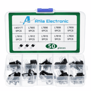 Komplet me regulatorë tensioni LM317T dhe seri L78XX për projekte elektronike, Arduino, robotikë dhe furnizime energjie DIY nga Atila Electronic.