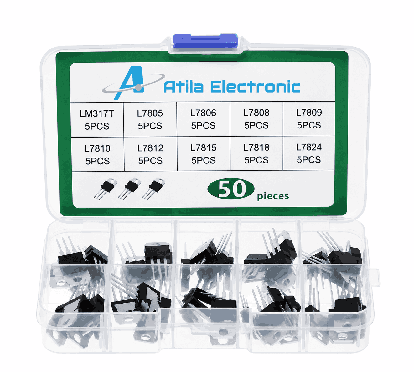 Komplet me regulatorë tensioni LM317T dhe seri L78XX për projekte elektronike, Arduino, robotikë dhe furnizime energjie DIY nga Atila Electronic.