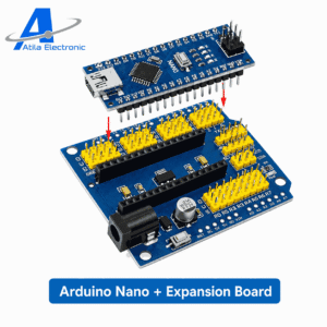 rduino Nano Compatible Board dhe Expansion Board për projekte elektronike, robotikë, IoT dhe automatizim me logo Atila Electronic.