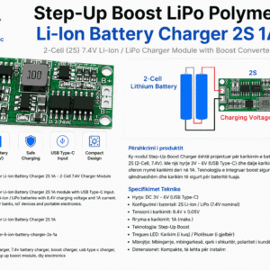 Modul karikimi 2S Li-Ion dhe LiPo me Step-Up Boost, USB Type-C, dalje 8.4V dhe rrymë karikimi 1A për bateri litiumi.