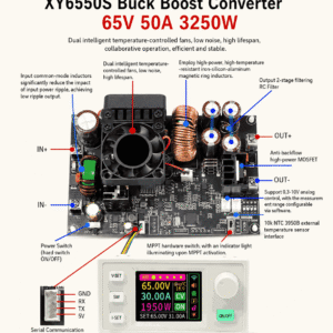 Diagram teknik i XY6550S Buck Boost Converter 65V 50A 3250W me ventilator ftohës, ekran TFT me ngjyra, funksion MPPT, terminale IN+/IN-, OUT+/OUT-,