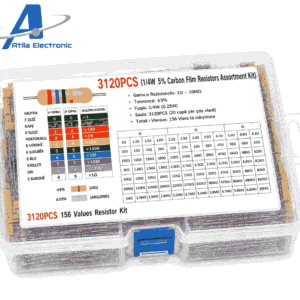 Kit me 3120 rezistenca Carbon Film 1/4W 5% me 156 vlera nga 1Ω deri në 10MΩ në kuti plastike organizuese