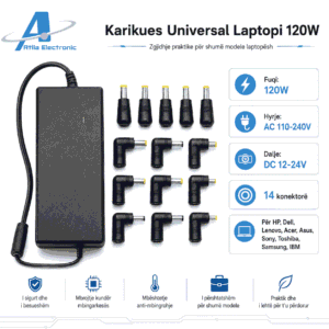 Karikues Universal Laptopi 120W 12–24V me 14 konektorë për marka të ndryshme