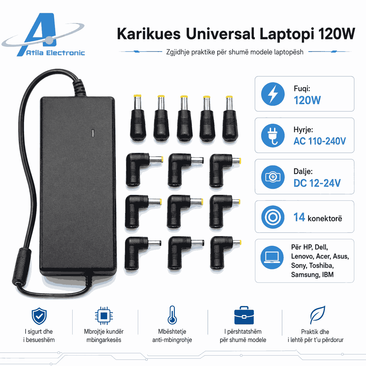 Karikues Universal Laptopi 120W 12–24V me 14 konektorë për marka të ndryshme