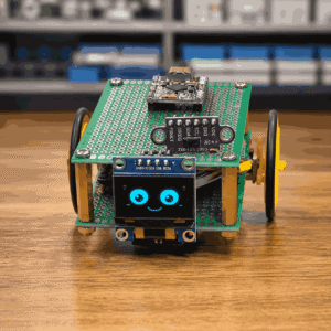 Mini Table Bot robot inteligjent me ESP32-C6, ekran OLED dhe sensorë për zbulimin e pengesave, projekt robotik edukativ nga Atila Electronic.