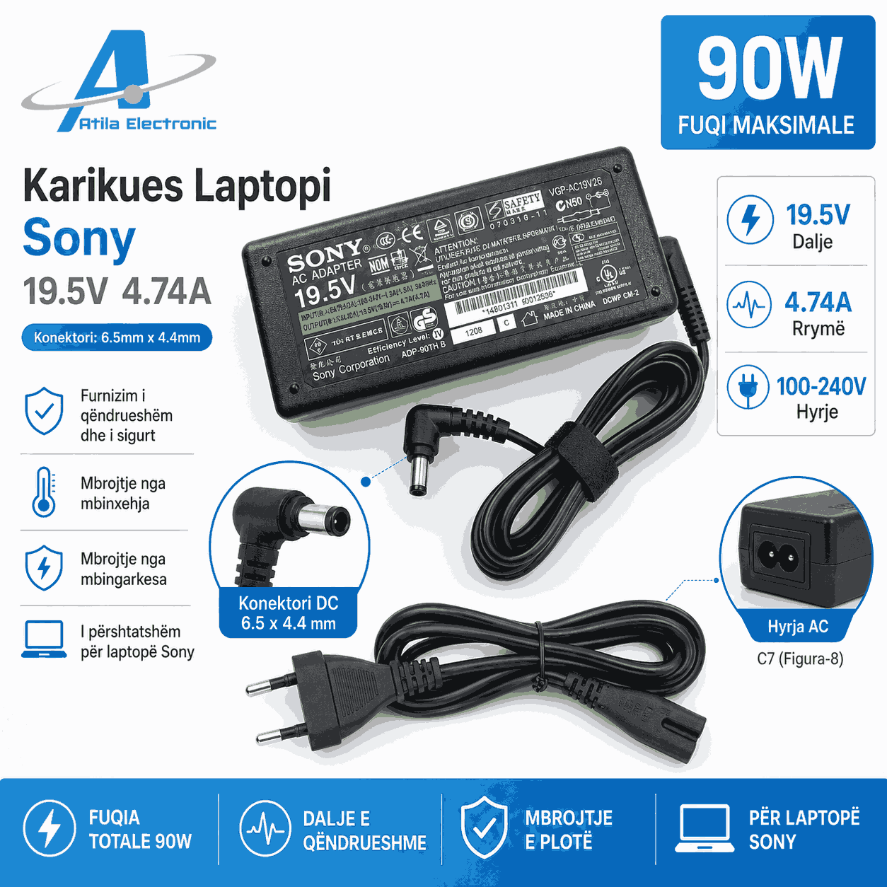 Karikues Laptop Sony 19.5V 4.74A me konektor 6.5x4.4mm