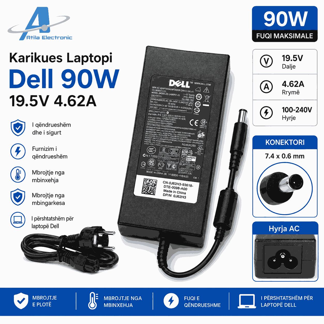 Karikues Laptopi Dell 90W 19.5V 4.62A me konektor DC