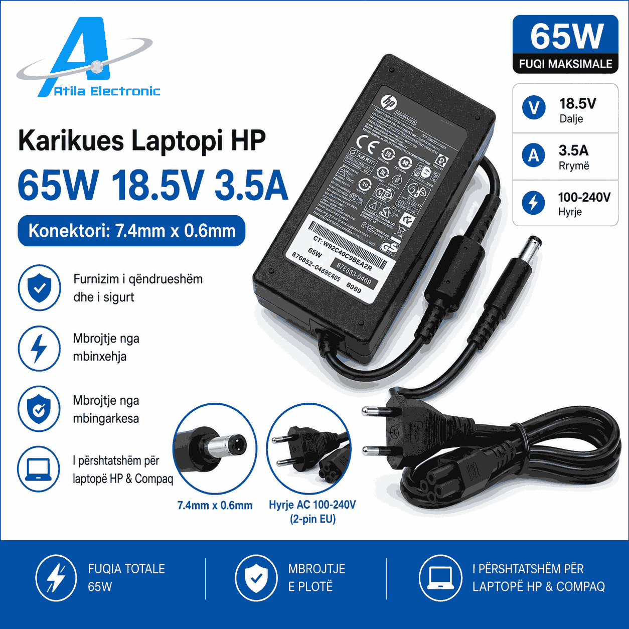 Karikues Laptopi HP 65W 18.5V 3.5A me konektor 7.4x0.6mm