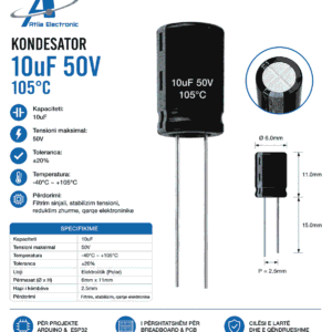 Kondensator elektrolitik 10µF 50V për filtrim dhe stabilizim të tensionit në qarqe elektronike.