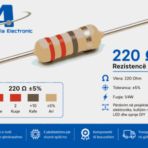 Rezistencë 220 Ohm për LED Arduino ESP32 me kod ngjyrash kuqe kuqe kafe ari.