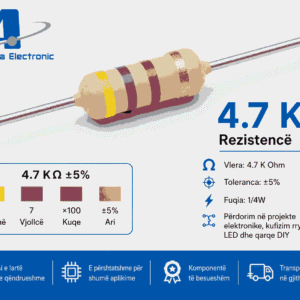 Rezistencë 4.7 K Ohm me kod ngjyrash verdhë vjollcë kuqe ari dhe logo Atila Electronic