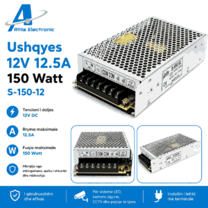 Ushqyes 12V 12.5A 150W S-150-12 me kasë metalike dhe terminale lidhjeje