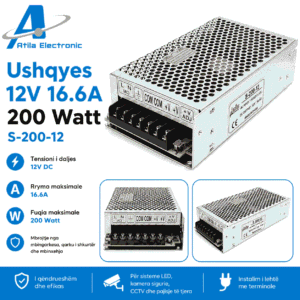 Ushqyes 12V 16.6A 200W S-200-12 me kasë metalike dhe terminale lidhjeje