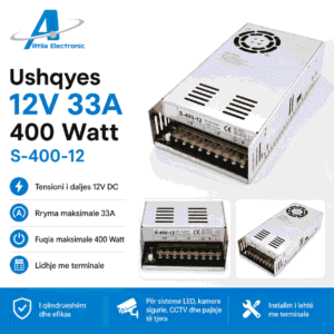 Ushqyes 12V 33A 400W S-400-12 me kasë metalike, ventilator dhe terminale lidhjeje