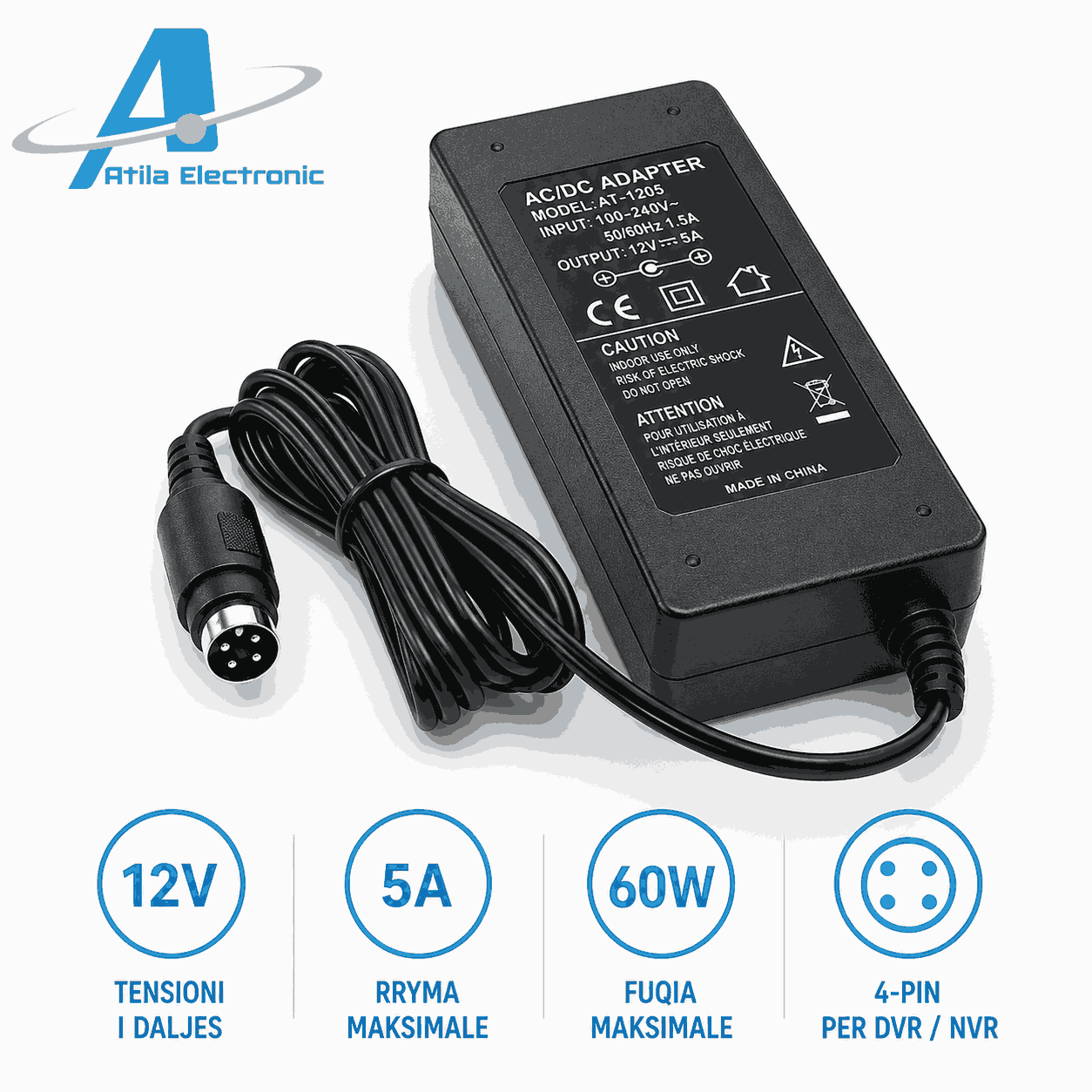 Ushqyes 12V 5A 60W me konektor 4-pin për DVR dhe NVR